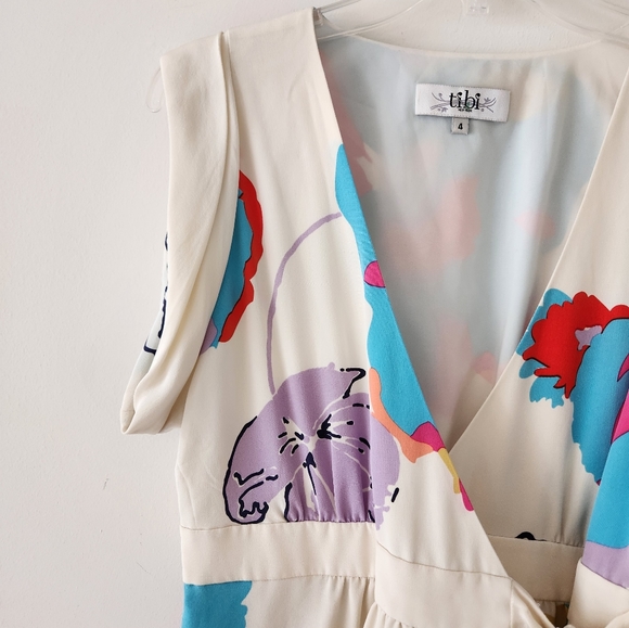 Tibi Abstract Floral Silk Mini Wrap Dress Cream White 4 - Picture 3 of 11